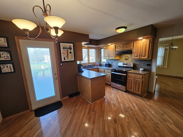 kitchen with hardwood / wood-style floors, stainless steel stove, hanging light fixtures, and sink