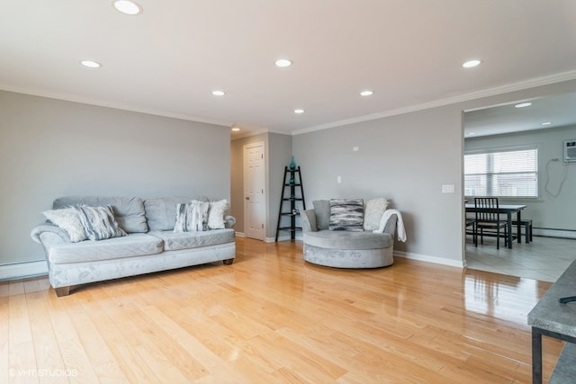 living room featuring crown molding and light hardwood / wood-style flooring