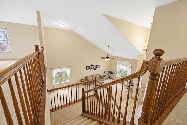 stairway featuring carpet flooring and vaulted ceiling