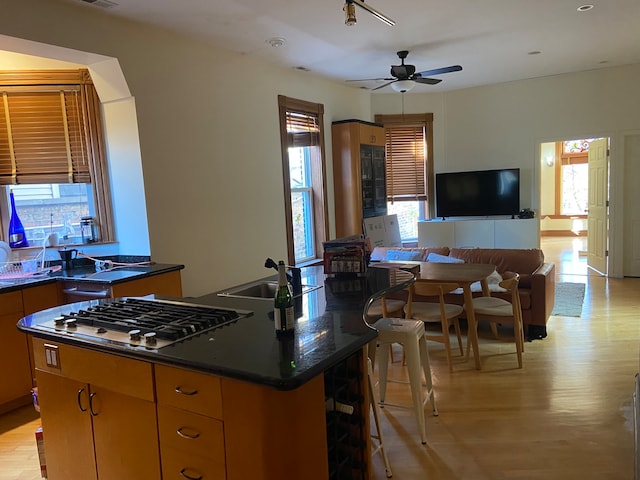 kitchen featuring stainless steel gas stovetop, ceiling fan, a center island, and light hardwood / wood-style flooring