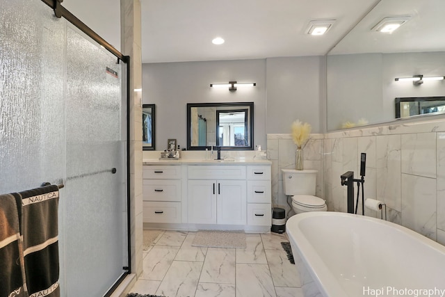 full bathroom featuring vanity, independent shower and bath, tile walls, and toilet