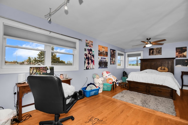 bedroom featuring hardwood / wood-style flooring, ceiling fan, and track lighting