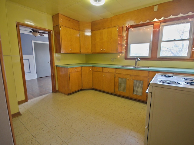 kitchen featuring ceiling fan, range, and sink