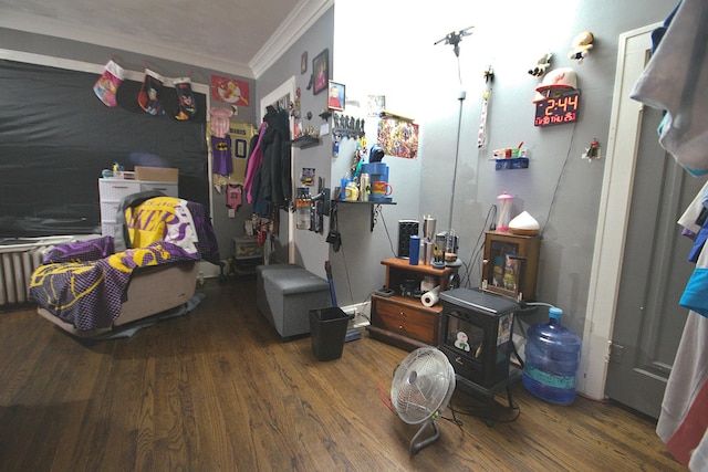 interior space featuring wood-type flooring and crown molding