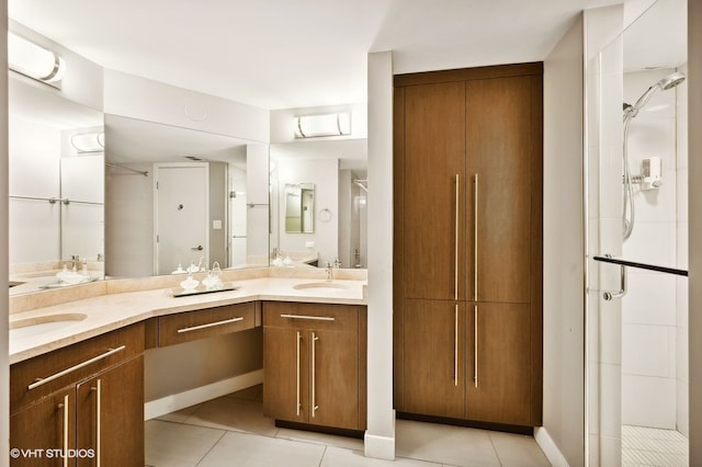 bathroom with tile patterned floors, vanity, and walk in shower