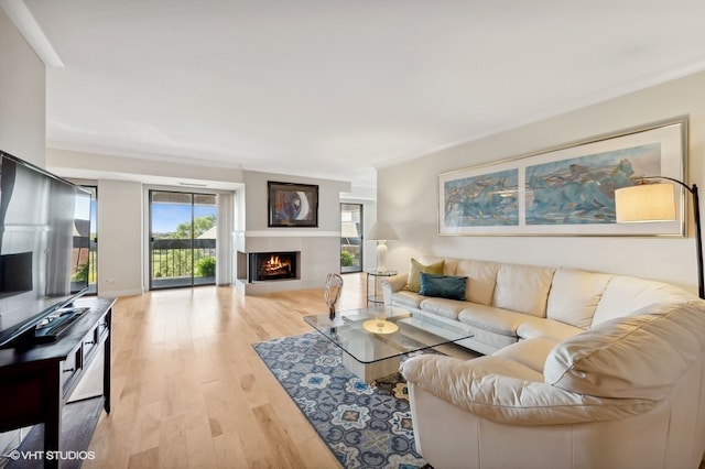 living room with light wood-type flooring and ornamental molding