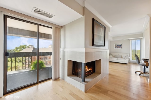 living room with a multi sided fireplace, light hardwood / wood-style floors, and plenty of natural light