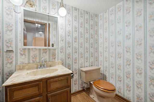 bathroom with hardwood / wood-style floors, vanity, and toilet