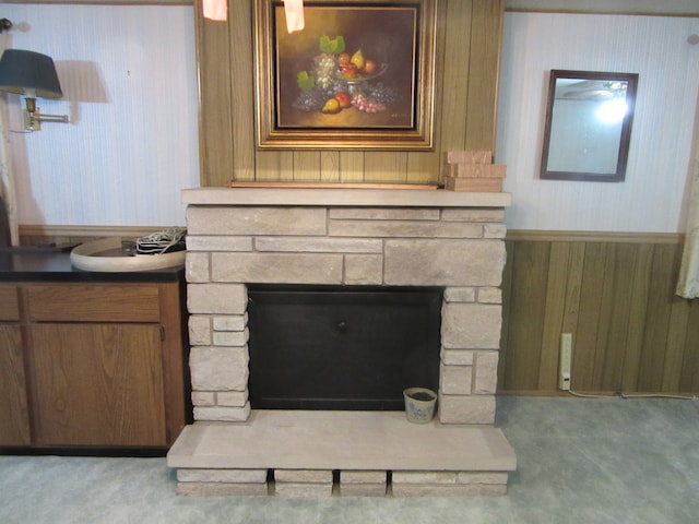 interior details featuring a fireplace, carpet floors, and wooden walls