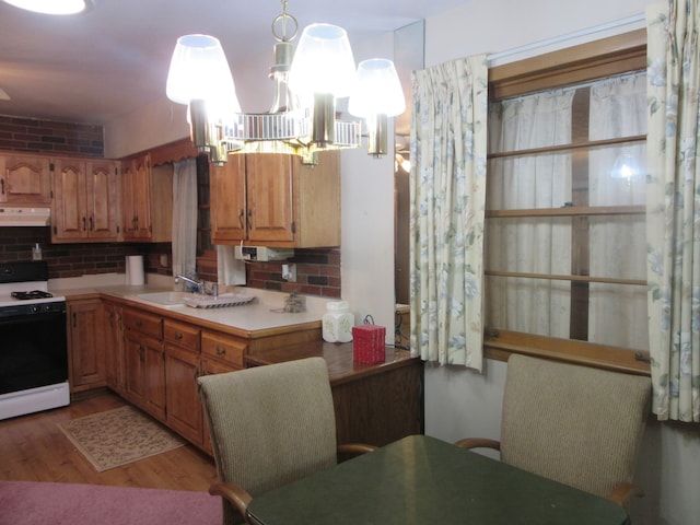 kitchen featuring sink, white range, ventilation hood, wood-type flooring, and decorative light fixtures