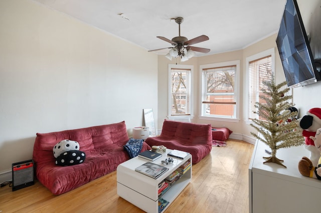 living room with ceiling fan, ornamental molding, and light hardwood / wood-style floors