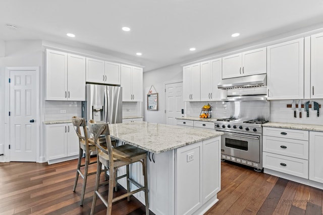 kitchen with dark hardwood / wood-style floors, white cabinetry, and stainless steel appliances