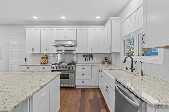 kitchen featuring white cabinetry, sink, dark wood-type flooring, and appliances with stainless steel finishes