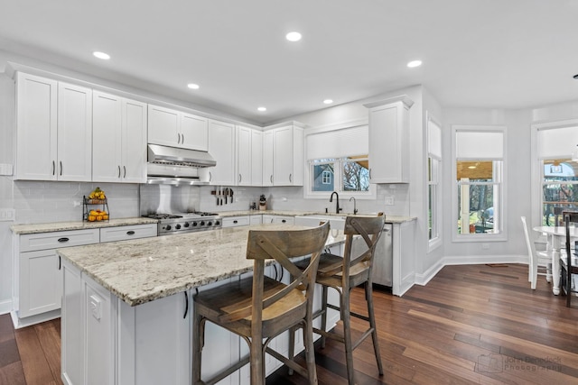 kitchen featuring a center island, white cabinets, and dark hardwood / wood-style floors