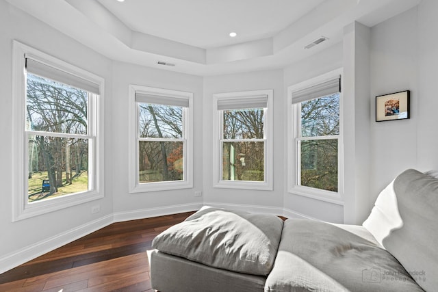 interior space with a tray ceiling, multiple windows, and dark hardwood / wood-style flooring