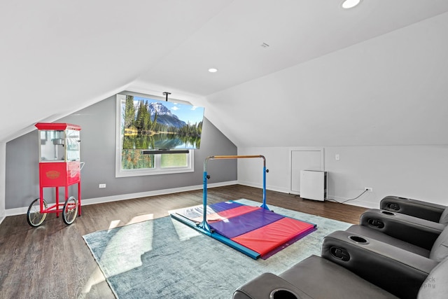 exercise room featuring hardwood / wood-style flooring and lofted ceiling