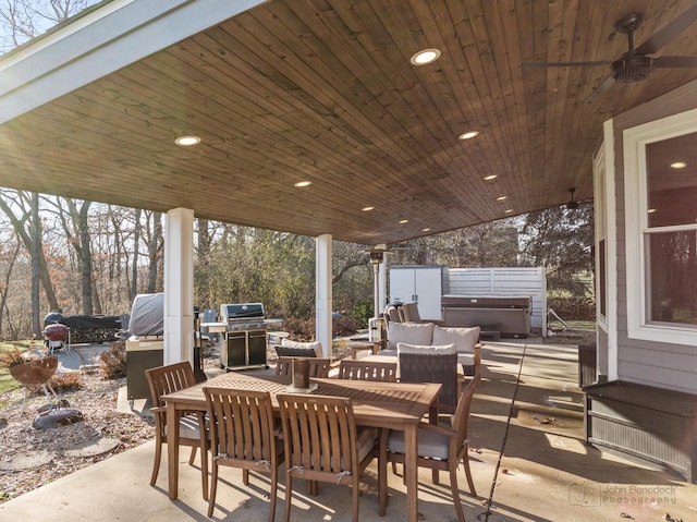 view of patio / terrace with ceiling fan and area for grilling