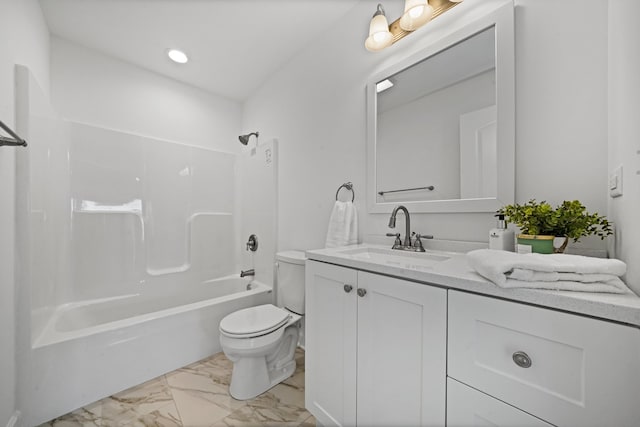 full bathroom with marble finish floor, recessed lighting, toilet, vanity, and shower / tub combination