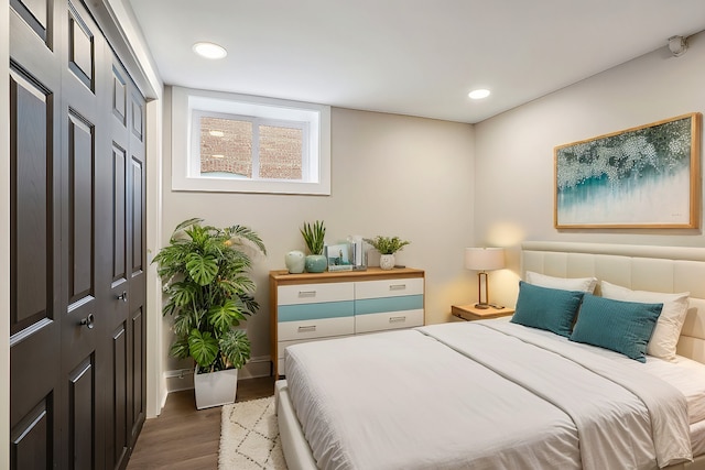 bedroom featuring a closet and dark hardwood / wood-style flooring