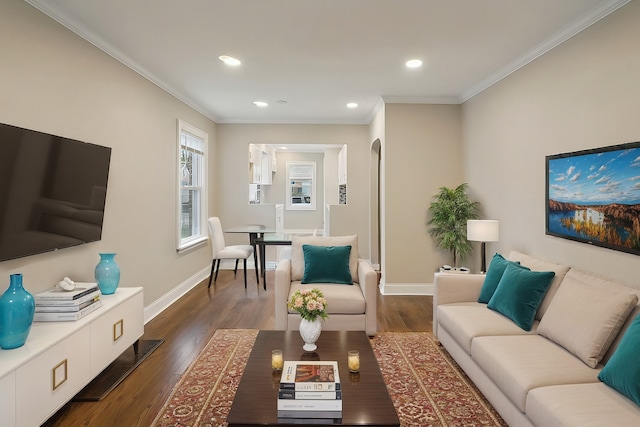 living room with dark hardwood / wood-style flooring and crown molding