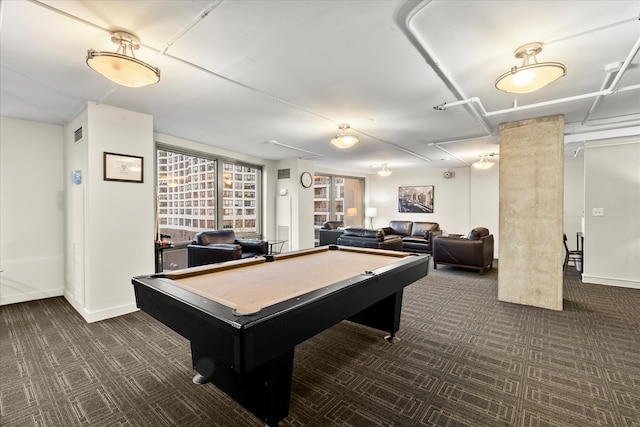 game room featuring billiards and dark colored carpet