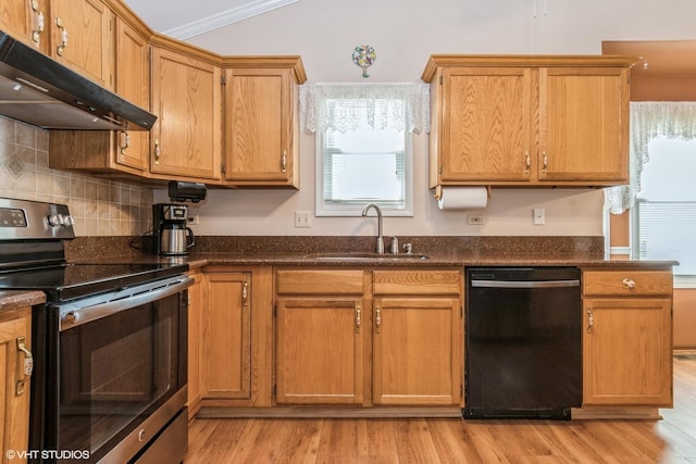 13482 S Silverleaf Rd, Plainfield, IL 60544 - kitchen with stainless steel range with electric cooktop, dishwasher, under cabinet range hood, a sink, and plenty of natural light