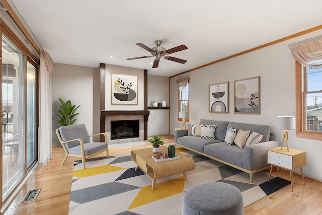 living room featuring crown molding, a fireplace, ceiling fan, and light wood-type flooring