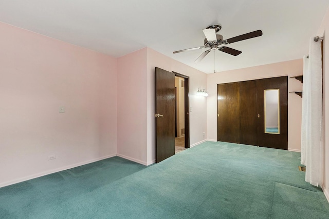 unfurnished bedroom with carpet flooring, a closet, and ceiling fan