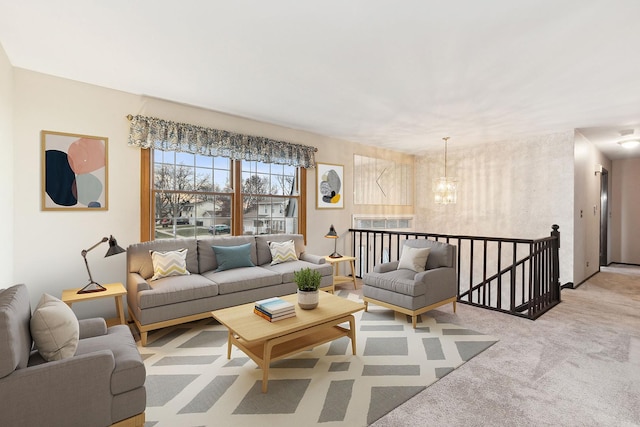 living room with light colored carpet and an inviting chandelier