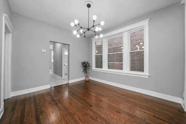 unfurnished dining area with dark hardwood / wood-style flooring and an inviting chandelier