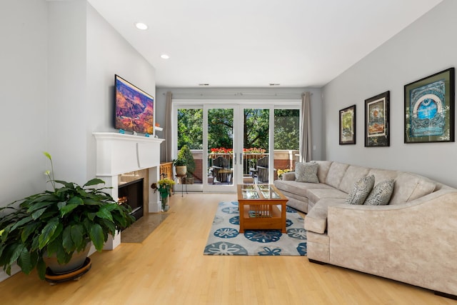 living room with light hardwood / wood-style flooring