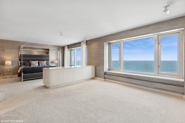 unfurnished bedroom with a water view, light carpet, and multiple windows