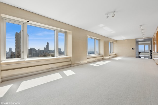 empty room with carpet and rail lighting