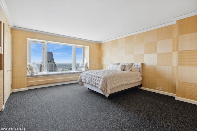 bedroom featuring crown molding and carpet floors