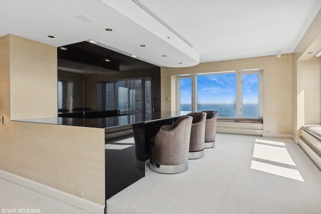 kitchen featuring light colored carpet and a water view