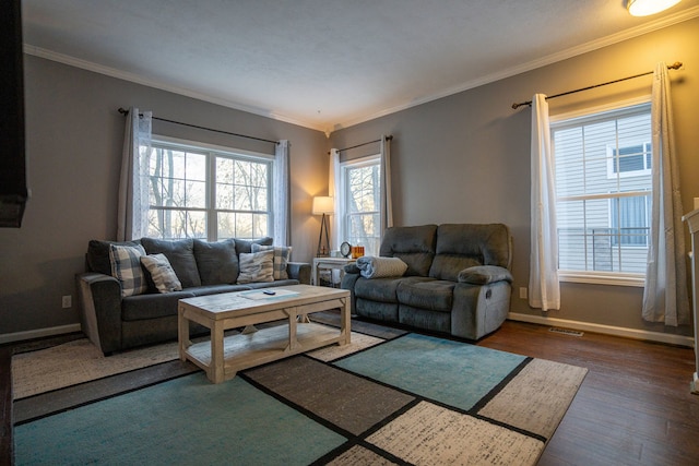 living room with ornamental molding and dark wood-type flooring