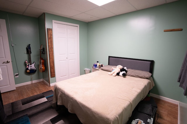 bedroom with a paneled ceiling, a closet, and hardwood / wood-style flooring