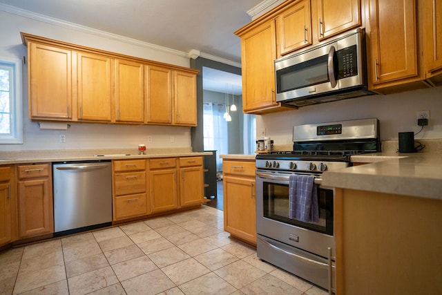 kitchen featuring appliances with stainless steel finishes, light tile patterned floors, and ornamental molding