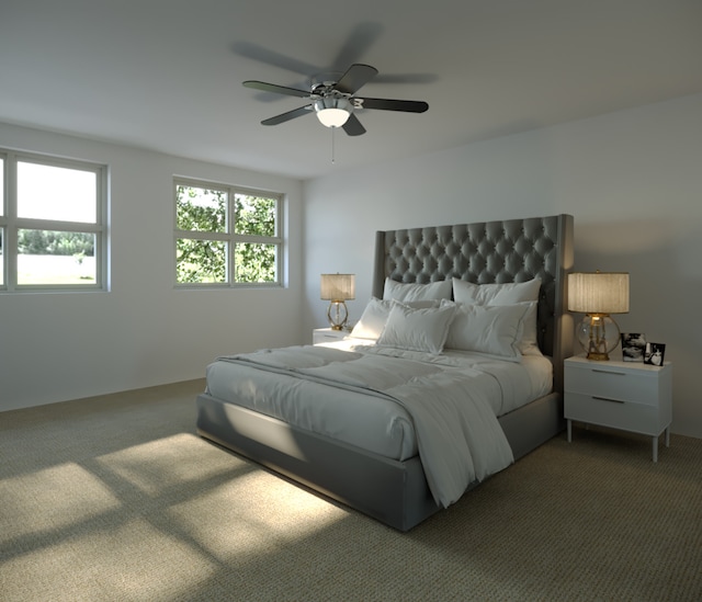 carpeted bedroom featuring a ceiling fan