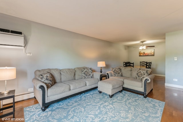 living room with a wall mounted AC, ceiling fan, and hardwood / wood-style flooring