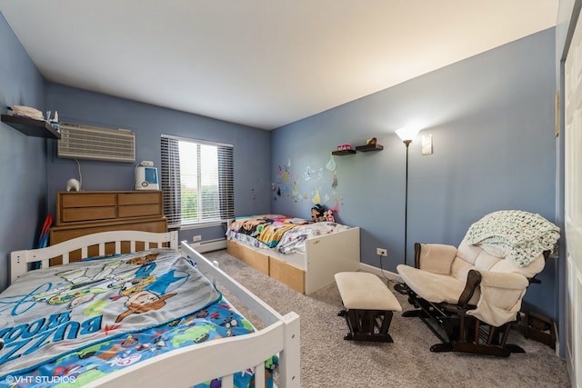 bedroom featuring carpet, a wall mounted air conditioner, and a baseboard heating unit