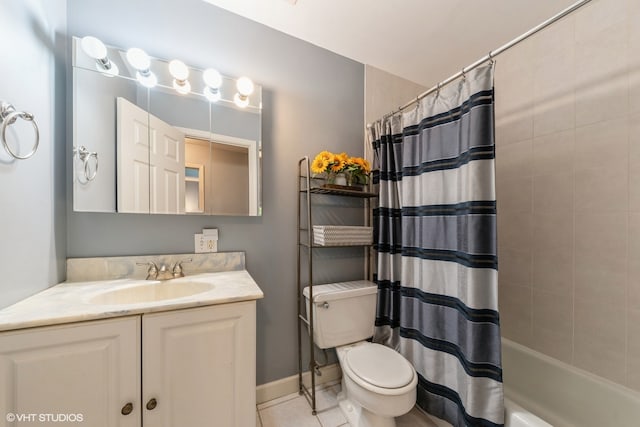 full bathroom with tile patterned flooring, vanity, toilet, and shower / bathtub combination with curtain