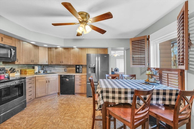 kitchen featuring ceiling fan, sink, light brown cabinets, backsplash, and black appliances