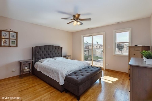 bedroom with ceiling fan, light wood-type flooring, and access to outside