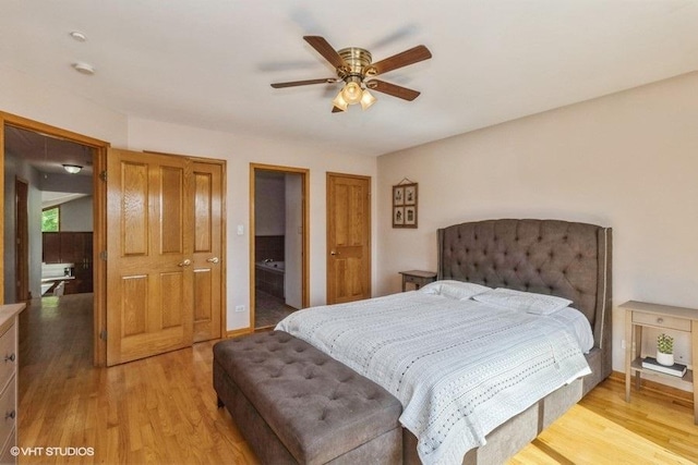 bedroom featuring ceiling fan and light hardwood / wood-style floors