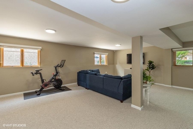 interior space featuring light colored carpet