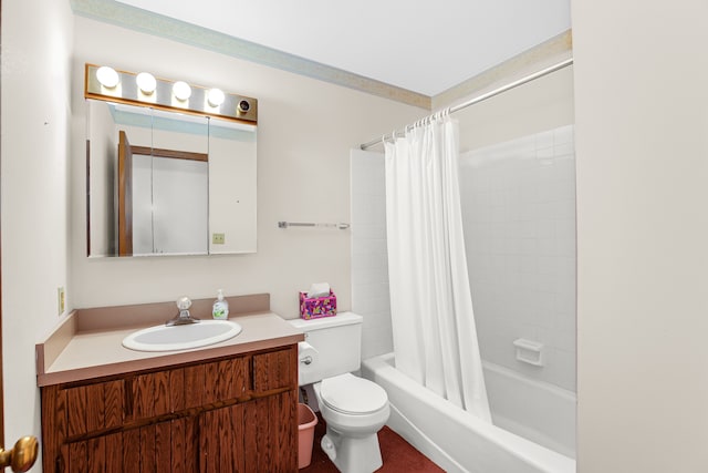 full bathroom with vanity, toilet, and shower / bathtub combination with curtain