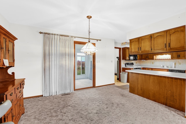 kitchen featuring range with electric stovetop, backsplash, a chandelier, light colored carpet, and pendant lighting