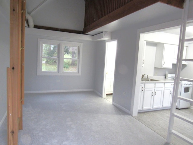 interior space featuring light colored carpet and sink