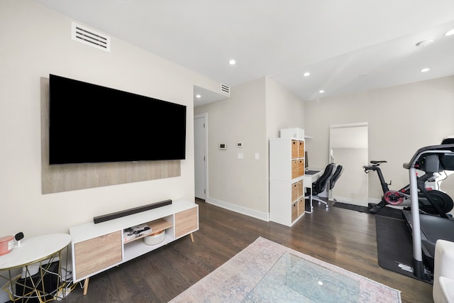 workout room featuring dark hardwood / wood-style floors